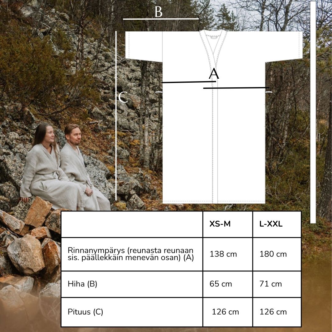 HEMPEA kylpytakin kokojen mittataulukko. Kaksi unisex kokoa, XS-M, L-XXL